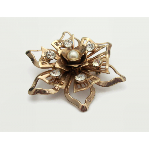 Vintage Rose Gold Floral Brooch with Clear Crystal Rhinestones