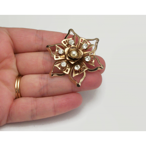 Vintage Rose Gold Floral Brooch with Clear Crystal Rhinestones