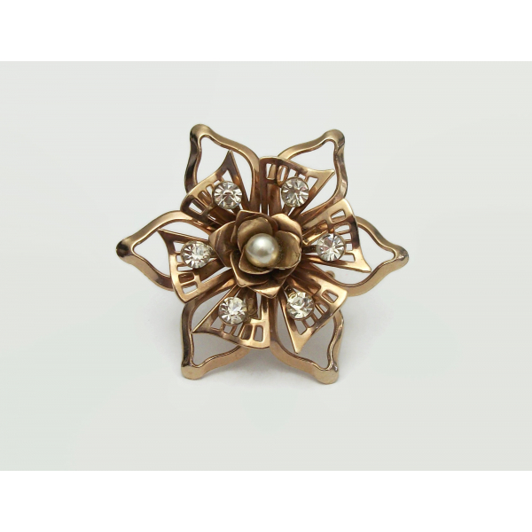 Vintage Rose Gold Floral Brooch with Clear Crystal Rhinestones