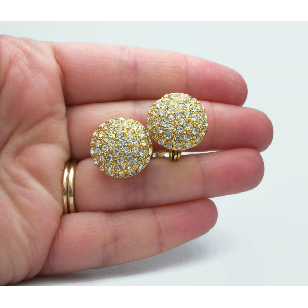 Vintage Monet Gold Tone and Pave Rhinestone Clip on Earrings Round 34  Button Clear Rhinestone Gold Clip Ons Wedding Bride Bridal Jewelry  Felt  in My Heart Vintage