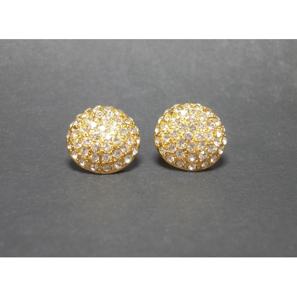 Vintage Monet Gold Tone and Pave Rhinestone Clip on Earrings Round 3/4"