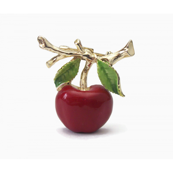 Vintage Gerry's Apple Brooch Enamel and Gold Tone Red Apple Lapel Pin