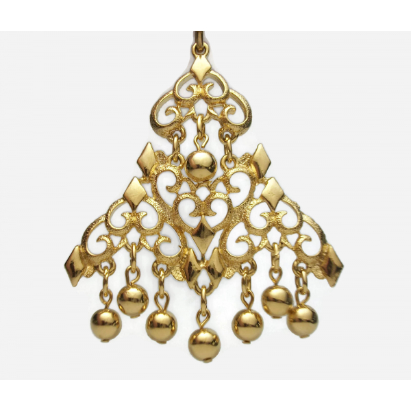 Vintage Medallion Gold Ball Fringe Pendant Necklace Long 25 inch Gold Chain