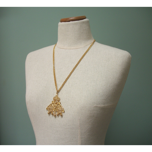 Vintage Medallion Gold Ball Fringe Pendant Necklace Long 25 inch Gold Chain