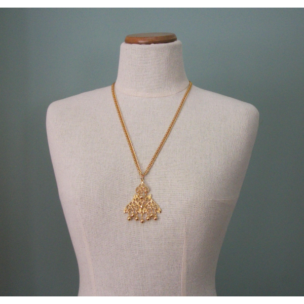 Vintage Medallion Gold Ball Fringe Pendant Necklace Long 25 inch Gold Chain