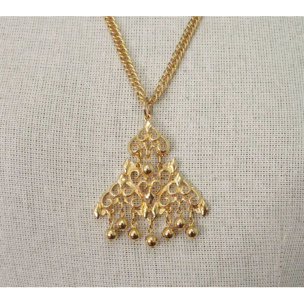 Vintage Medallion Gold Ball Fringe Pendant Necklace Long 25 inch Gold Chain