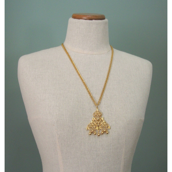 Vintage Medallion Gold Ball Fringe Pendant Necklace Long 25 inch Gold Chain