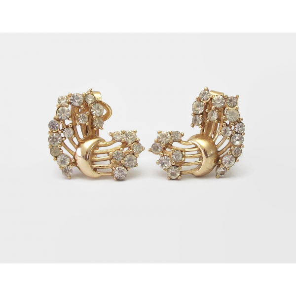 Vintage Crown Trifari Gold Tone Rhinestone Clip on Earrings Clear 1950s 1960s