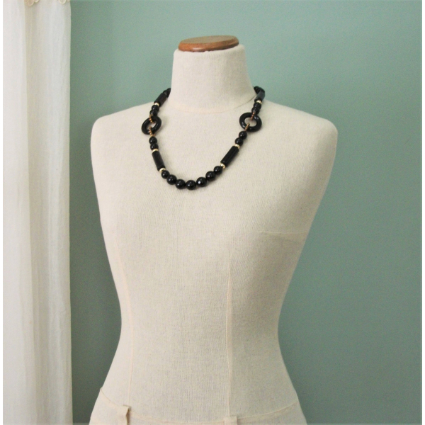 Vintage 1980s Chunky Black Beaded Necklace 24 inch Black Lucite Beads