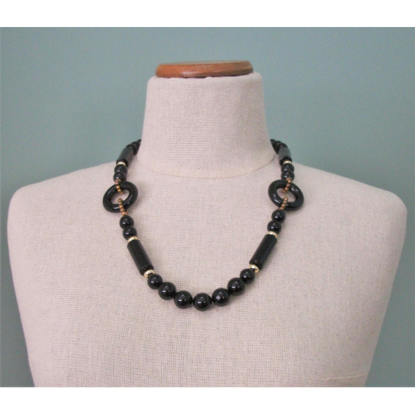 Vintage 1980s Chunky Black Beaded Necklace 24 inch Black Lucite Beads