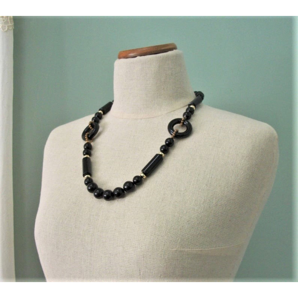 Vintage 1980s Chunky Black Beaded Necklace 24 inch Black Lucite Beads
