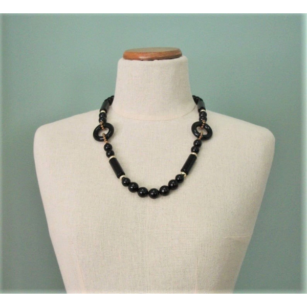 Vintage 1980s Chunky Black Beaded Necklace 24 inch Black Lucite Beads