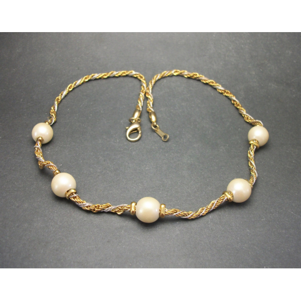 Vintage Rope Chain Twist Necklace with Faux Pearls 17 inch Silver and Gold