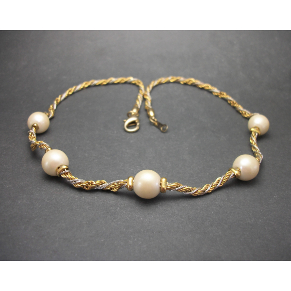 Vintage Rope Chain Twist Necklace with Faux Pearls 17 inch Silver and Gold