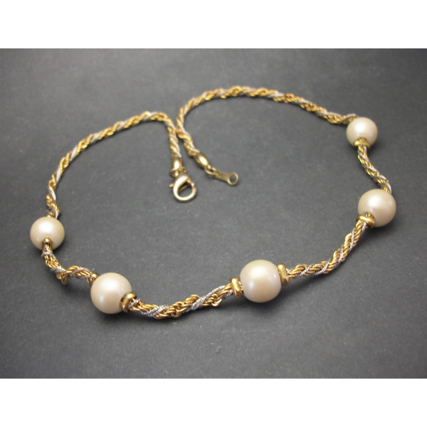 Vintage Rope Chain Twist Necklace with Faux Pearls 17 inch Silver and Gold