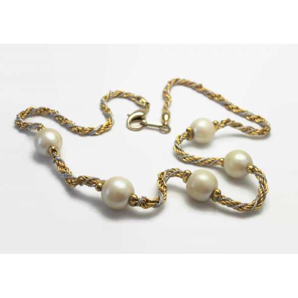 Vintage Rope Chain Twist Necklace with Faux Pearls 17 inch Silver and Gold