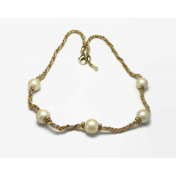 Vintage Rope Chain Twist Necklace with Faux Pearls 17 inch Silver and Gold