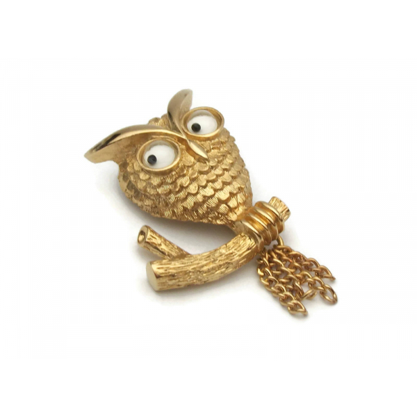 Vintage Avon Owl Brooch Gold Tone Googly Eyed Owl Pin Whimsical Funny Bird 1970s