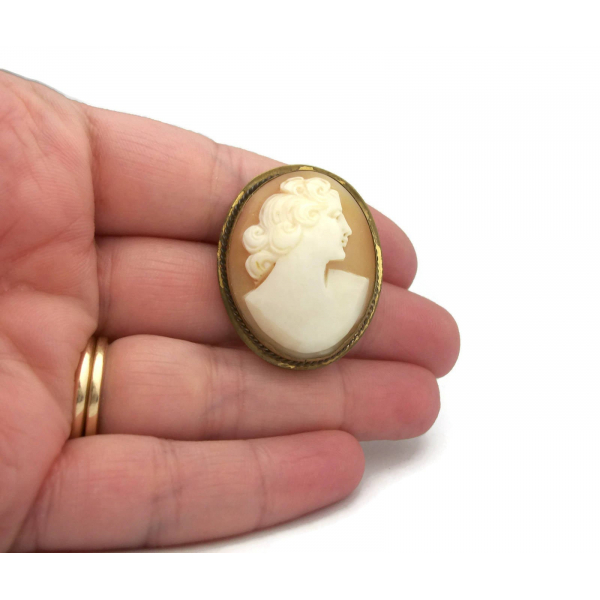 Vintage Genuine Carved Shell Cameo Brooch Pendant Early to Mid Century