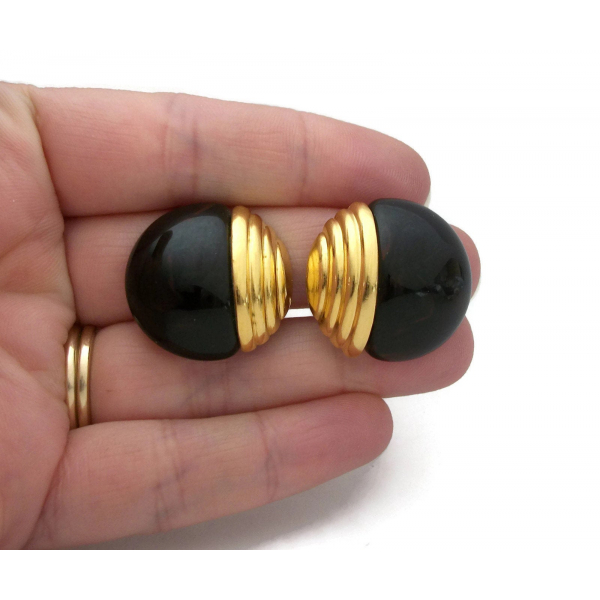 Vintage Tortoiseshell Lucite and Gold Round Clip On Earrings Unique Large Big