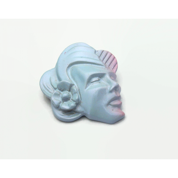 Vintage Pale Blue Plastic Head Brooch Lapel Pin Tropical Hawaiian Face