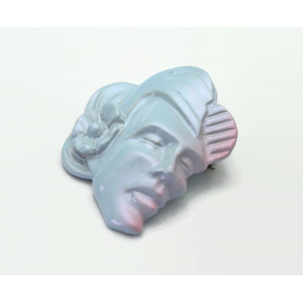Vintage Pale Blue Plastic Head Brooch Lapel Pin Tropical Hawaiian Face