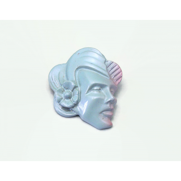 Vintage Pale Blue Plastic Head Brooch Lapel Pin Tropical Hawaiian Face