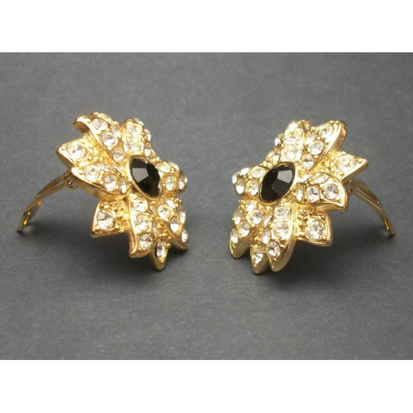 floral wedding clip on earrings pave rhinestone flowers big large