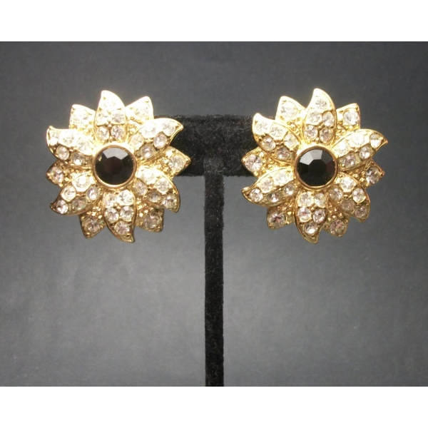 big pave rhinestone floral wedding clip on earrings