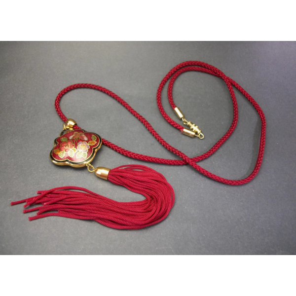 Vintage Deep Red Cloisonne Enamel Tassel Pendant Necklace 24 inch Cord