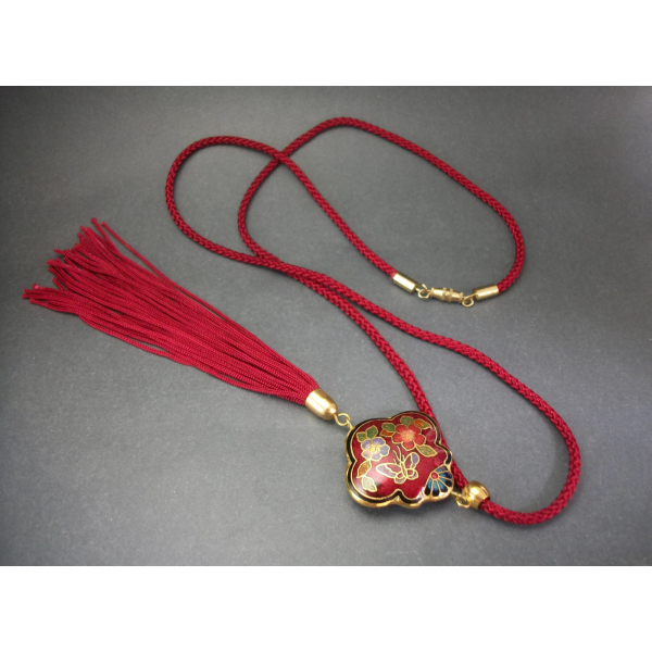 Vintage Deep Red Cloisonne Enamel Tassel Pendant Necklace 24 inch Cord