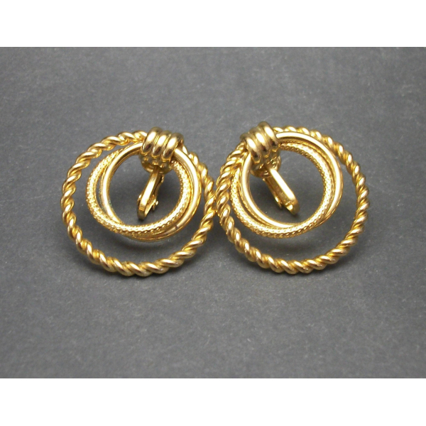 Vintage Triple Hoop Gold Tone Clip on Earrings Rope Twist Hoops Circles