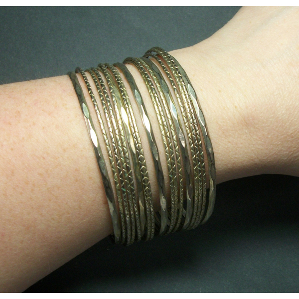 Vintage Multi Bangle Cuff Bracelet Stacked Silver Tone Layers One Size Fits Most