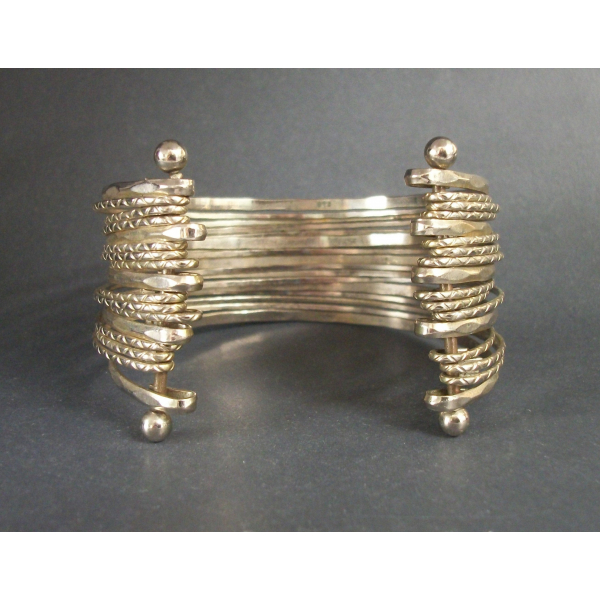 Vintage Multi Bangle Cuff Bracelet Stacked Silver Tone Layers One Size Fits Most