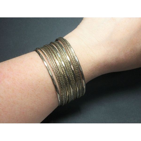 Vintage Multi Bangle Cuff Bracelet Stacked Silver Tone Layers One Size Fits Most