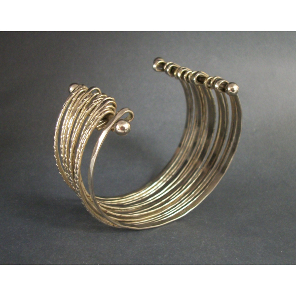 Vintage Multi Bangle Cuff Bracelet Stacked Silver Tone Layers One Size Fits Most