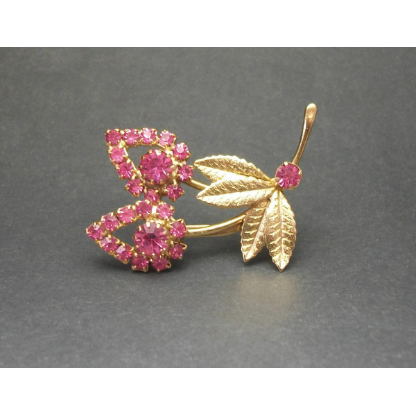 Vintage Pink Rhinestone Flower Brooch Gold Pave Pink Flower Lapel Pin
