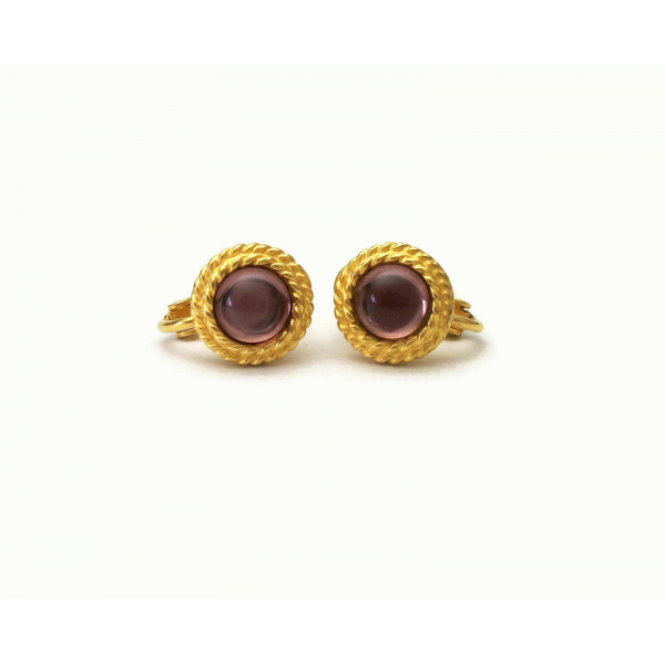Vintage Napier gold and purple glass small round clip on earrings