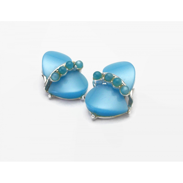 Vintage Aqua Blue Thermoset  and Silver Tone Clip on Earrings Mid Century