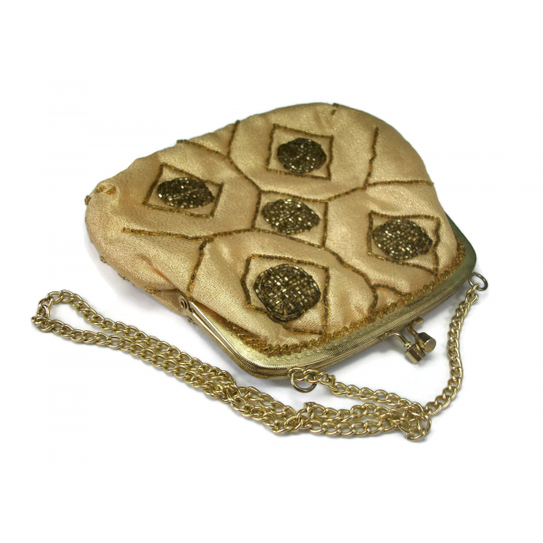 Vintage Gold Beaded Evening Purse Clutch Handbag Chain Strap Made in Hong Kong