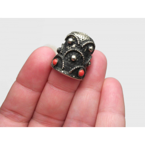 Vintage Silver Tone Metal Thimble with Red Faux Coral Beads
