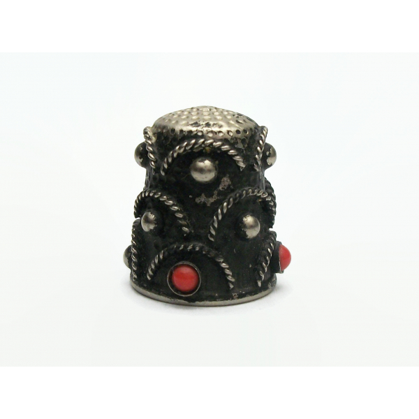 Vintage Silver Tone Metal Thimble with Red Faux Coral Beads