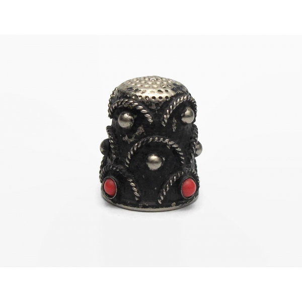 Vintage Silver Tone Metal Thimble with Red Faux Coral Beads