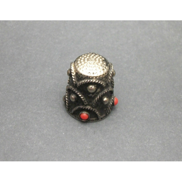 Vintage Silver Tone Metal Thimble with Red Faux Coral Beads