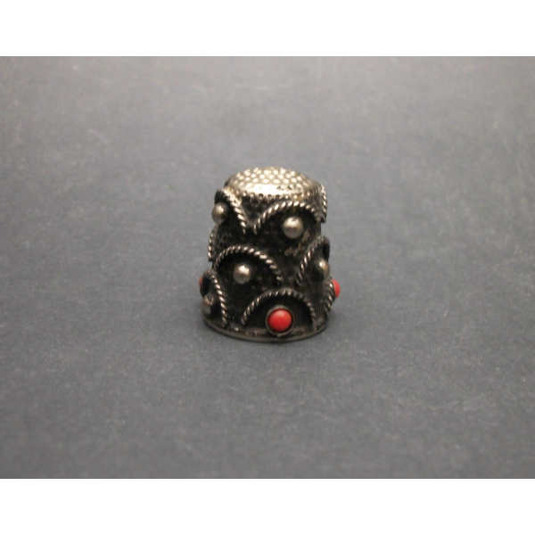 Vintage Silver Tone Metal Thimble with Red Faux Coral Beads