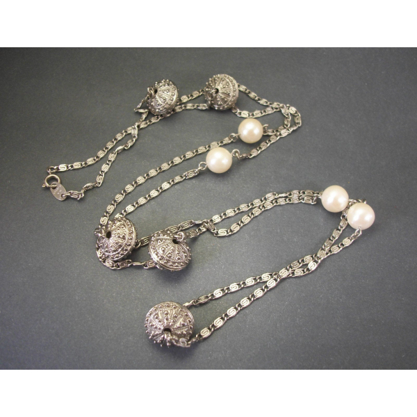 Vintage Avon silver filigree pearl beaded chain necklace long 36 inch