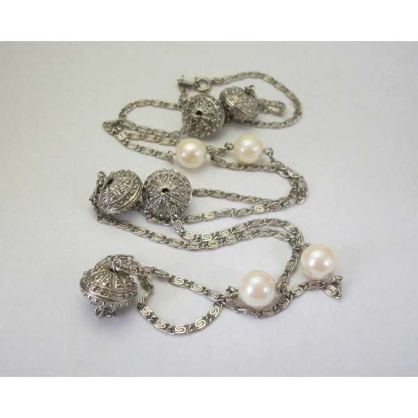 Vintage Avon silver filigree pearl beaded chain necklace long 36 inch