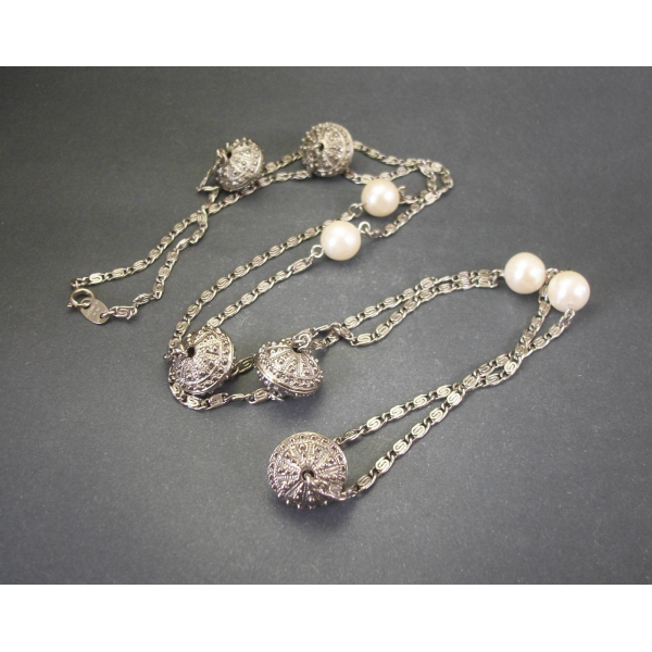 Vintage Avon silver filigree pearl beaded chain necklace long 36 inch