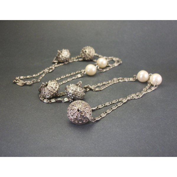 Vintage Avon silver filigree pearl beaded chain necklace long 36 inch