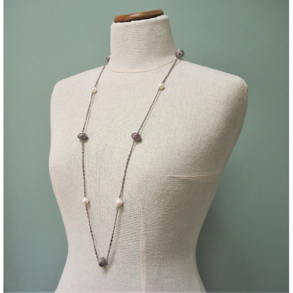 Vintage Avon silver filigree pearl beaded chain necklace long 36 inch